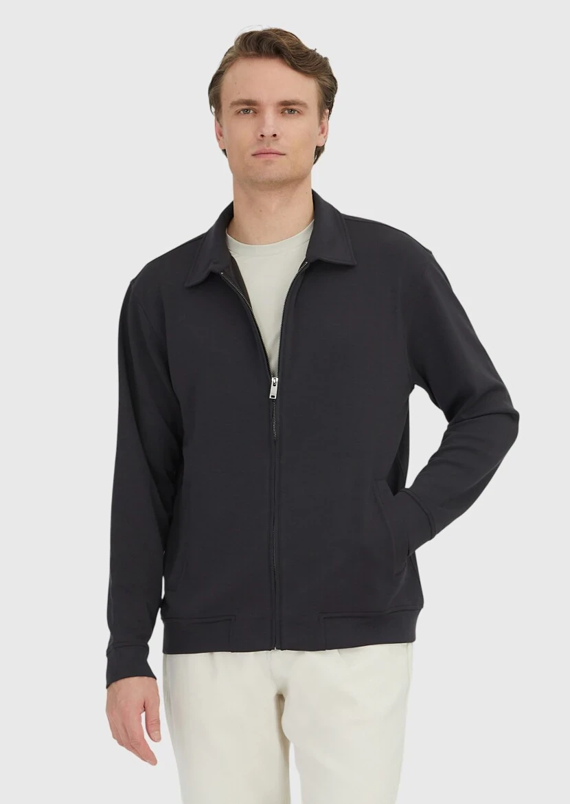 Antrasit Polo Yaka Düz Sweatshırt - RAMSEY