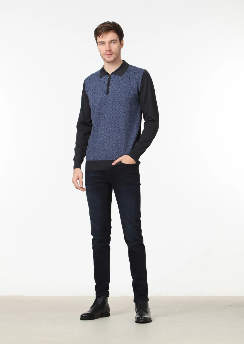 Antrasit Polo Yaka Jakarlı %100 Yün Triko Kazak 