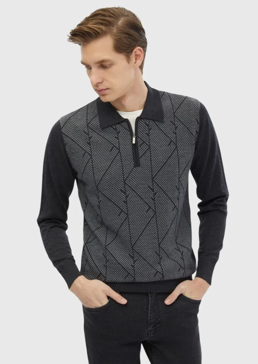 Antrasit Polo Yaka Jakarlı %100 Yün Triko Kazak - 1