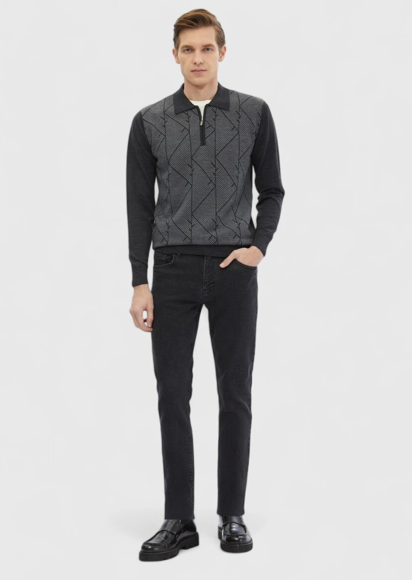 Antrasit Polo Yaka Jakarlı %100 Yün Triko Kazak - 2