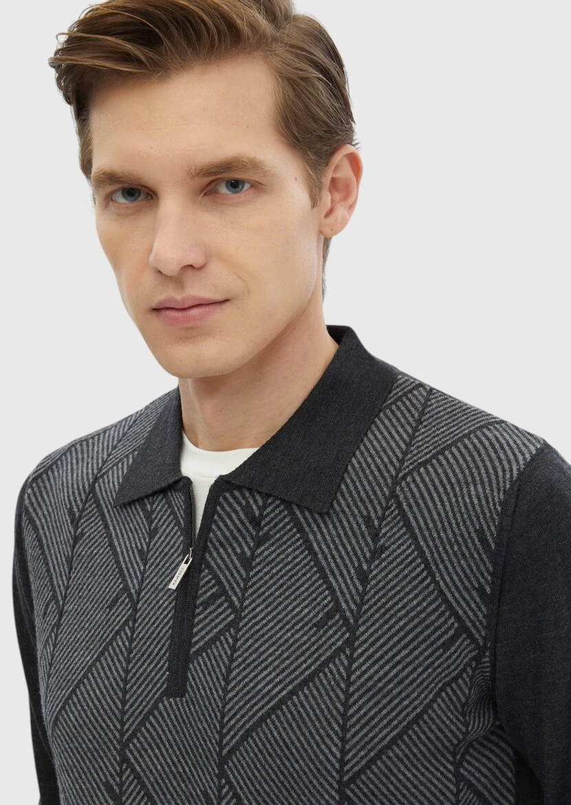 Antrasit Polo Yaka Jakarlı %100 Yün Triko Kazak - 3