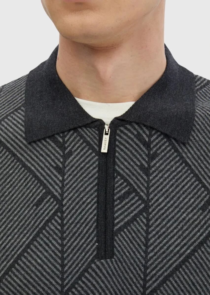 Antrasit Polo Yaka Jakarlı %100 Yün Triko Kazak - 4