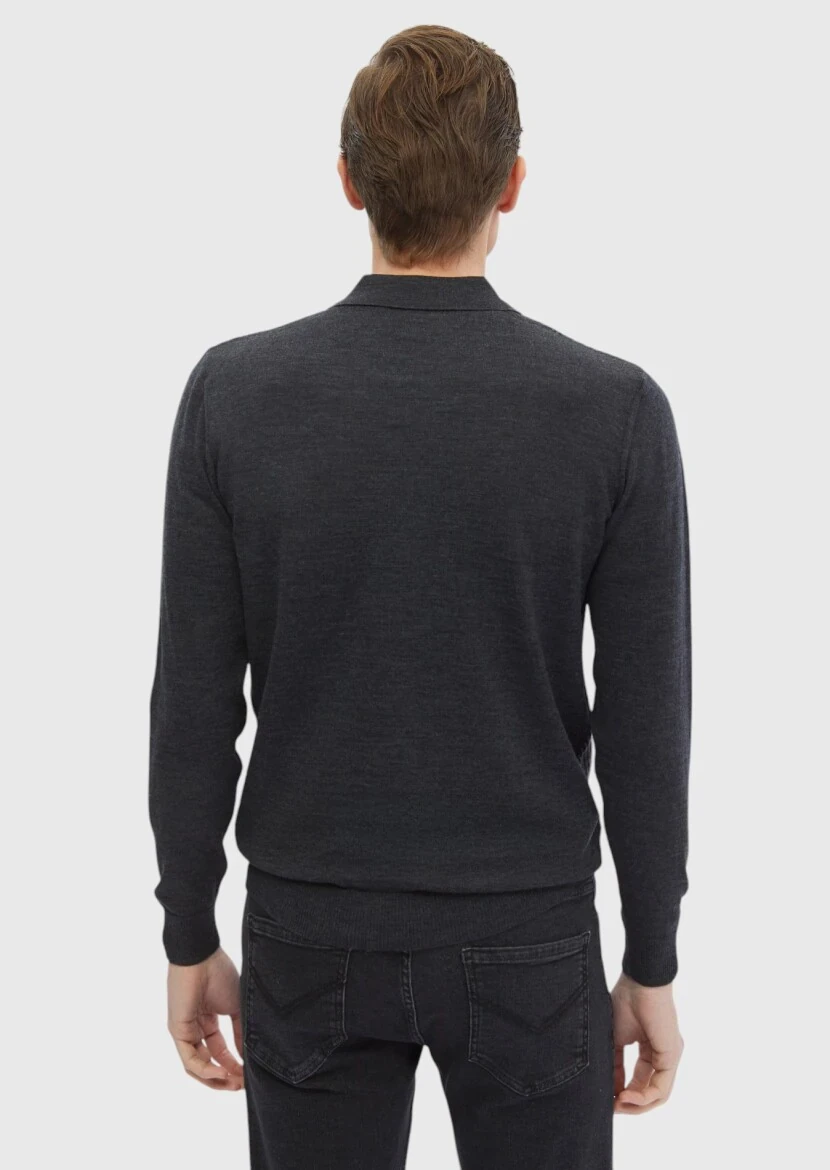 Antrasit Polo Yaka Jakarlı %100 Yün Triko Kazak - 5