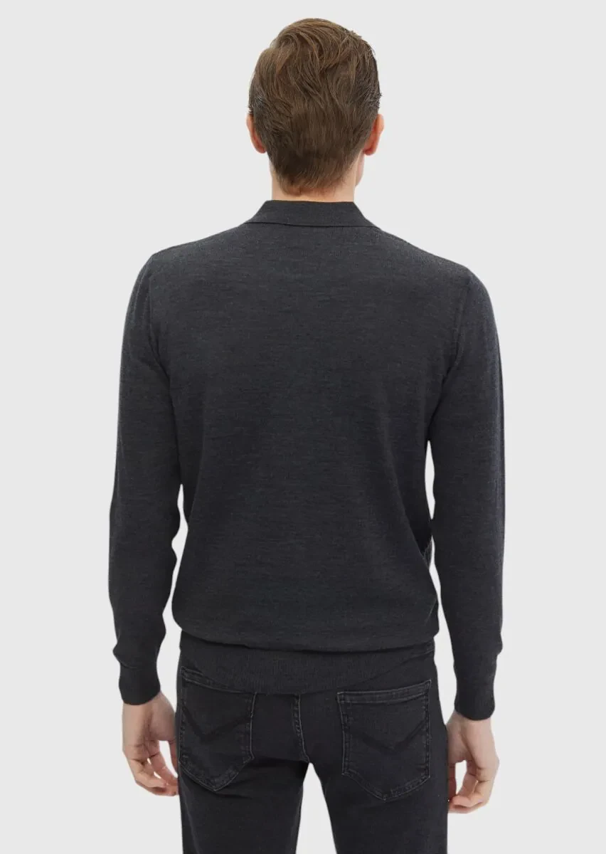 Antrasit Polo Yaka Jakarlı %100 Yün Triko Kazak - 5