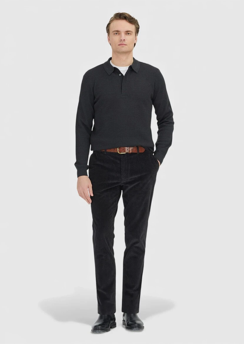 Antrasit Polo Yaka Jakarlı Yün Karışımlı Triko Kazak - 2