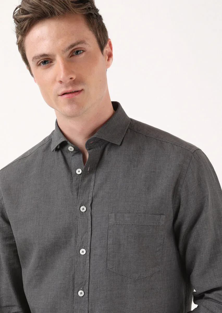 Antrasit Regular Fit Dokuma Casual Pamuk Karışımlı Gömlek - 1