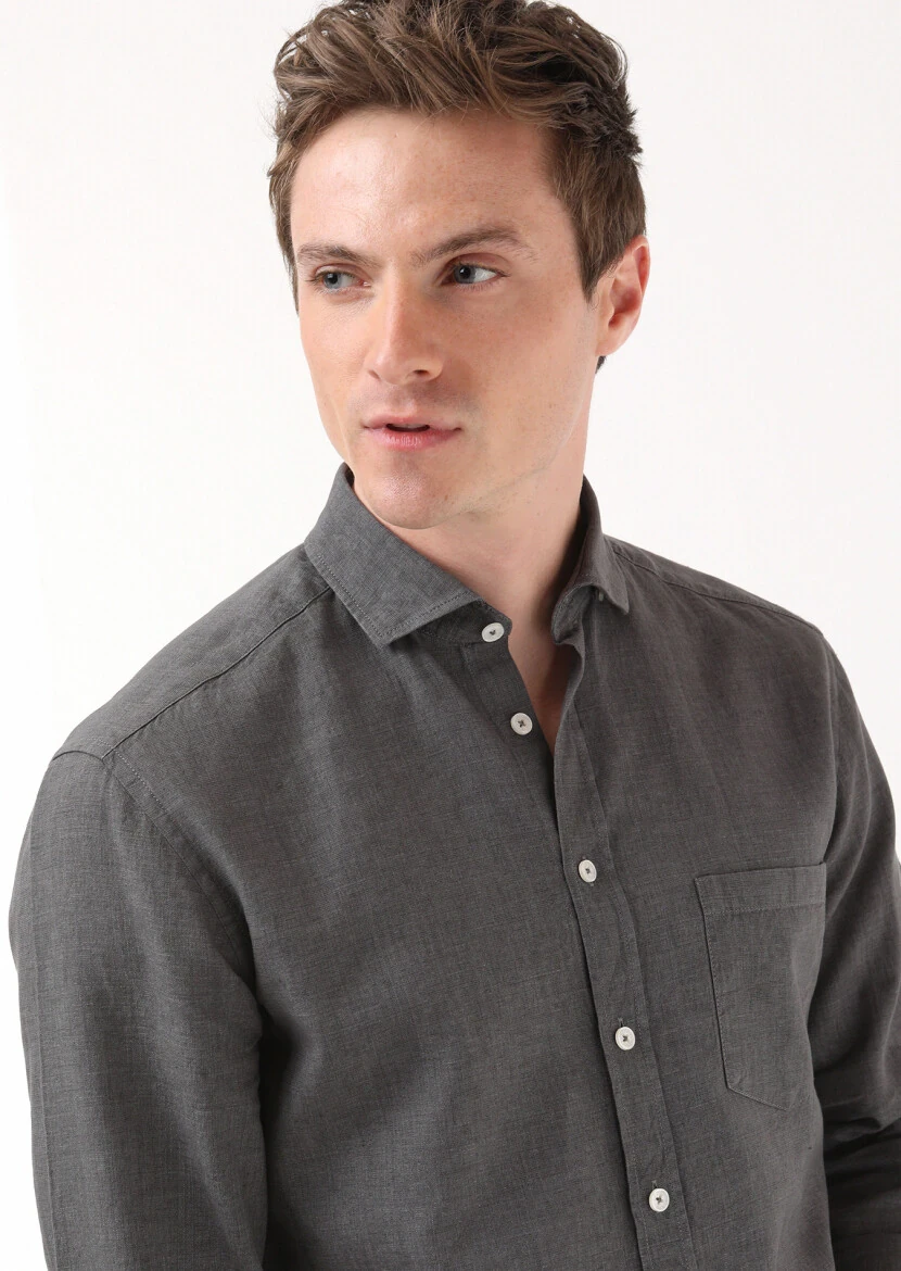 Antrasit Regular Fit Dokuma Casual Pamuk Karışımlı Gömlek - 4