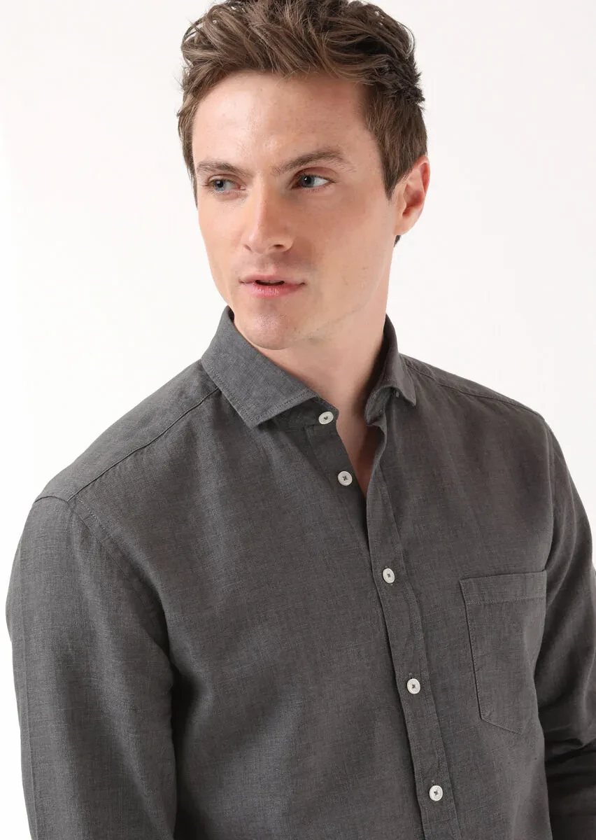Antrasit Regular Fit Dokuma Casual Pamuk Karışımlı Gömlek - 4