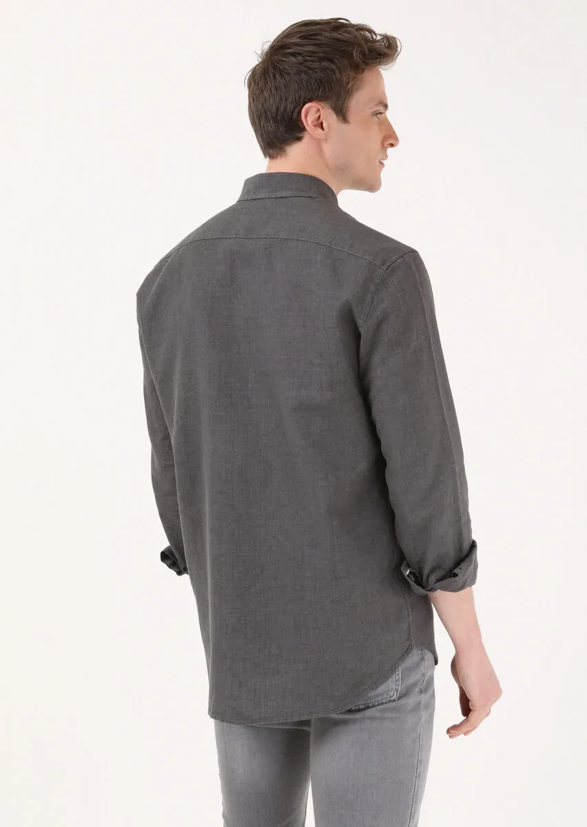 Antrasit Regular Fit Dokuma Casual Pamuk Karışımlı Gömlek - 5
