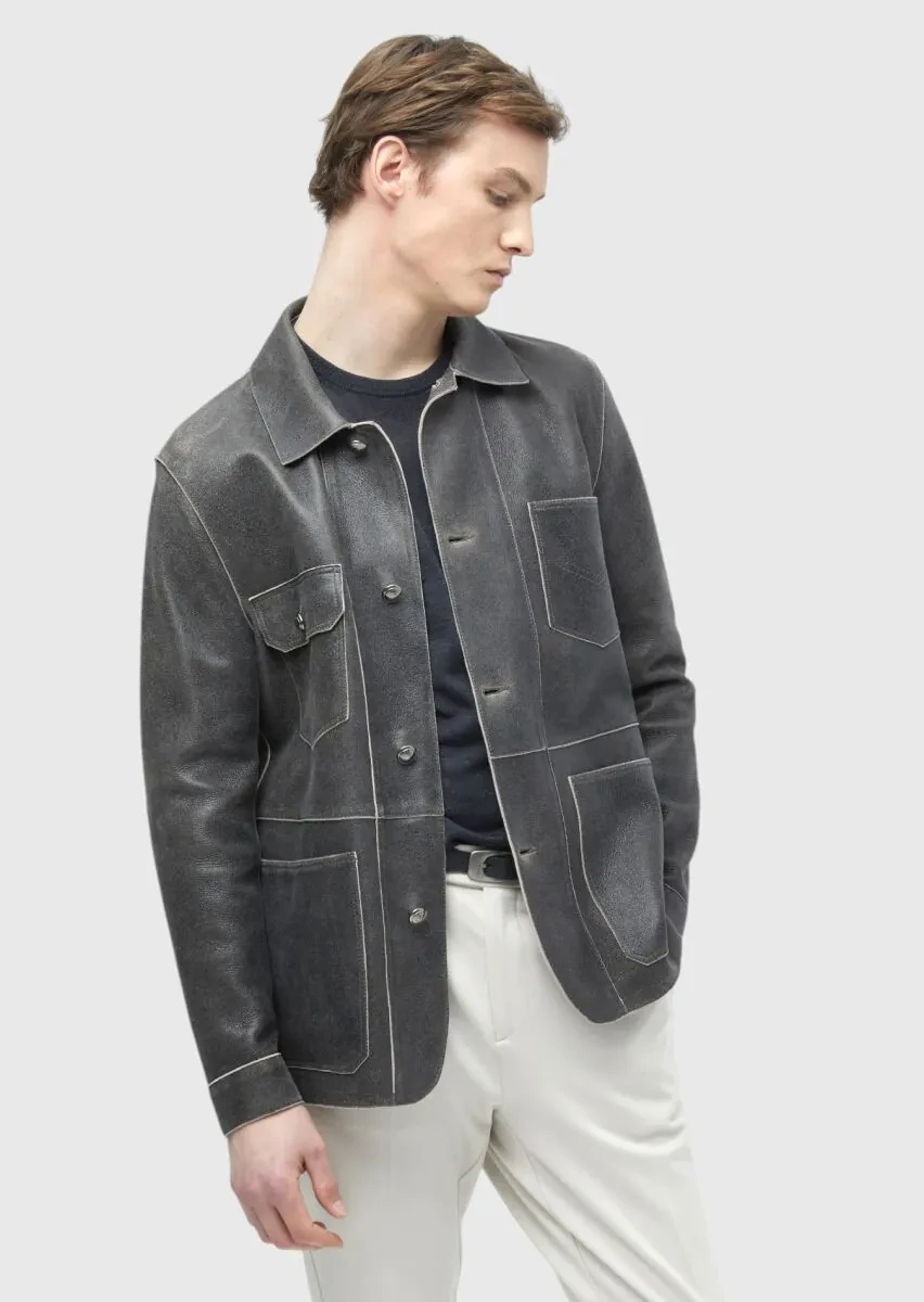 Antrasit Regular Fit Gömlek Yaka Casual Deri Deri Mont - 4