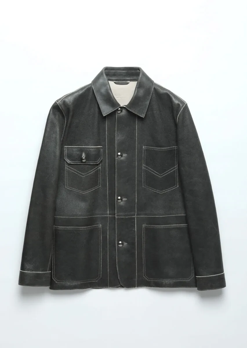 Antrasit Regular Fit Gömlek Yaka Casual Deri Deri Mont - 9