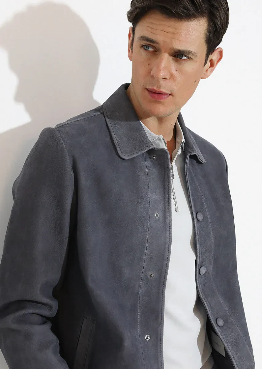 Antrasit Regular Fit Gömlek Yaka Casual Süet Deri Mont - 1