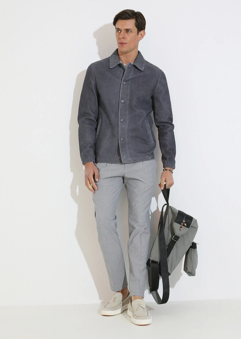 Antrasit Regular Fit Gömlek Yaka Casual Süet Deri Mont - 2