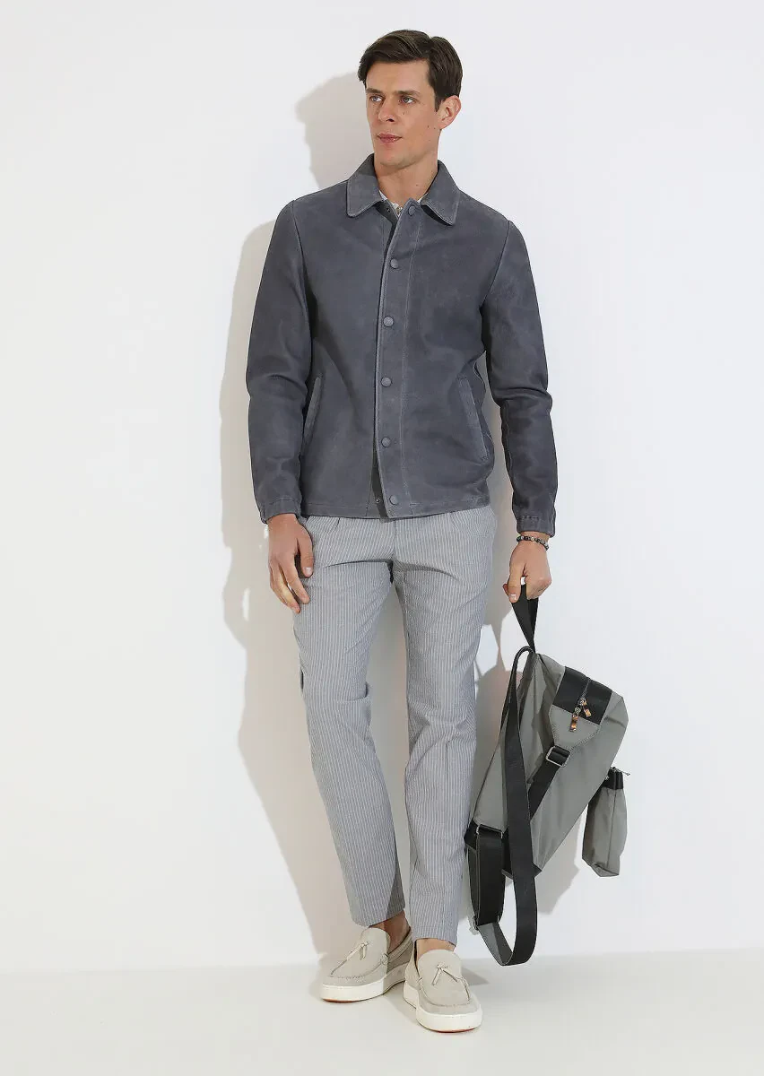 Antrasit Regular Fit Gömlek Yaka Casual Süet Deri Mont - 2