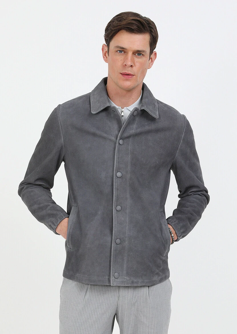Antrasit Regular Fit Gömlek Yaka Casual Süet Deri Mont - 3