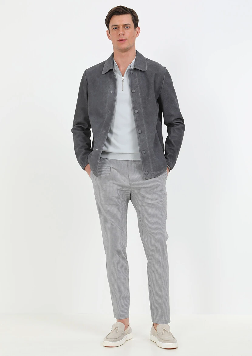 Antrasit Regular Fit Gömlek Yaka Casual Süet Deri Mont - 4