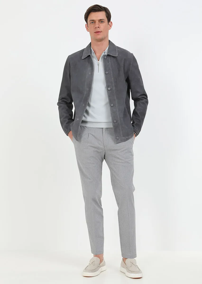 Antrasit Regular Fit Gömlek Yaka Casual Süet Deri Mont - 4