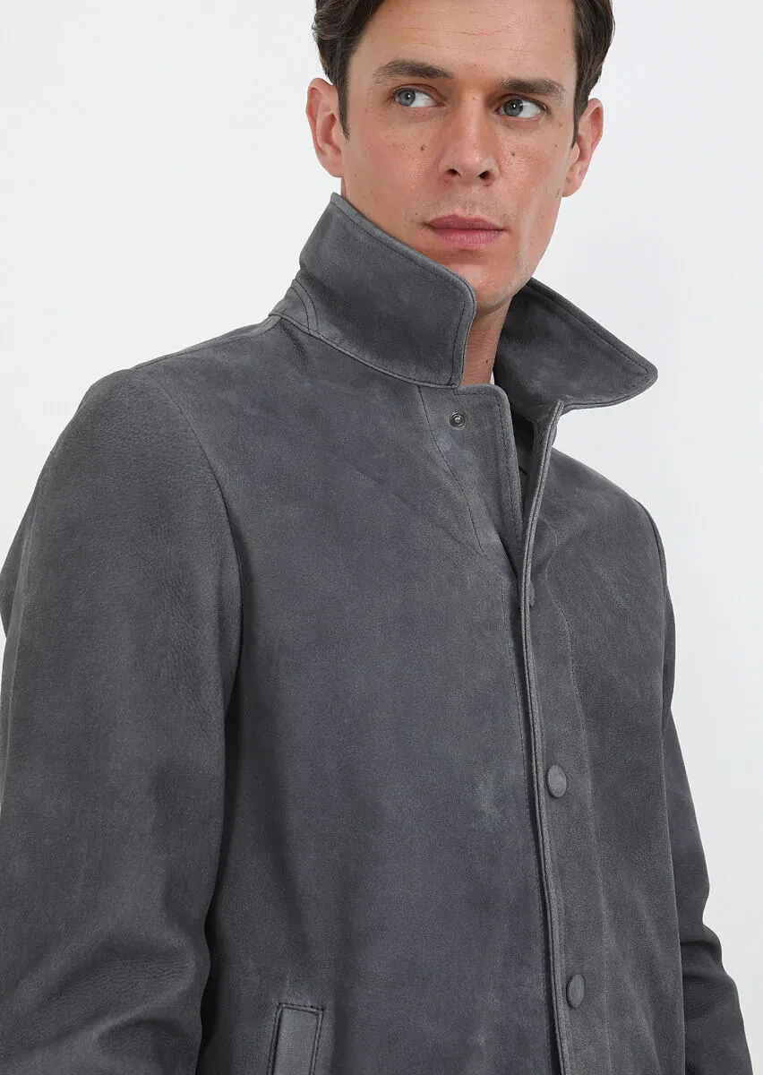 Antrasit Regular Fit Gömlek Yaka Casual Süet Deri Mont - 6