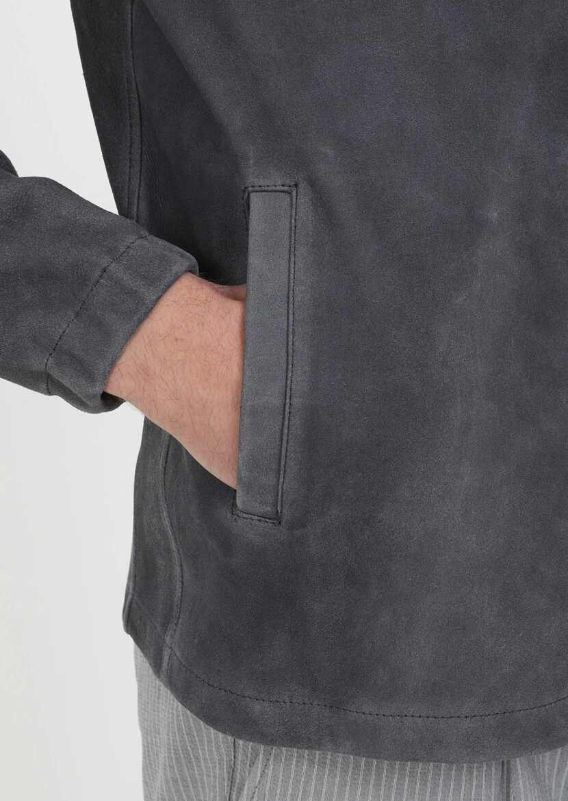 Antrasit Regular Fit Gömlek Yaka Casual Süet Deri Mont - 7