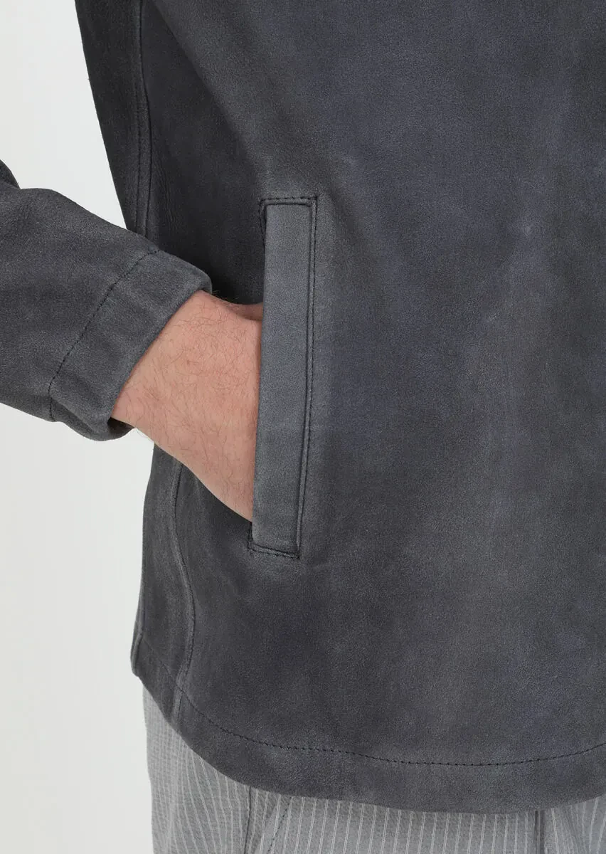 Antrasit Regular Fit Gömlek Yaka Casual Süet Deri Mont - 7