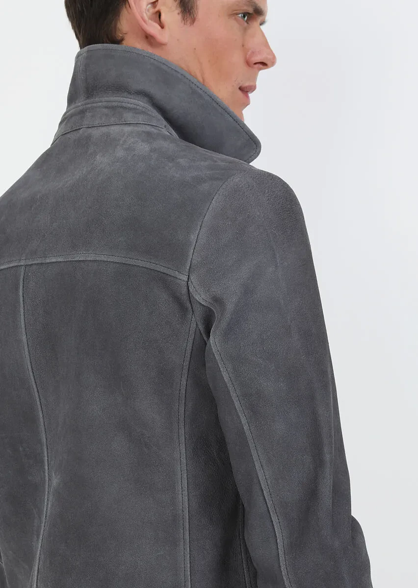 Antrasit Regular Fit Gömlek Yaka Casual Süet Deri Mont - 8