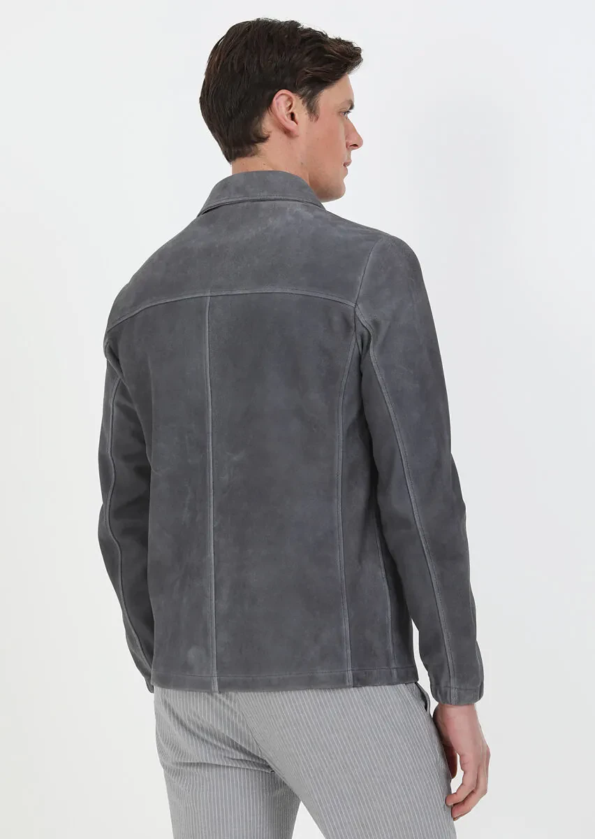 Antrasit Regular Fit Gömlek Yaka Casual Süet Deri Mont - 9