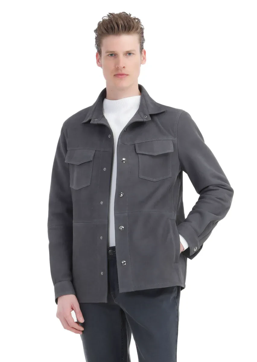 Antrasit Regular Fit Gömlek Yaka Casual Süet Deri Mont - 3