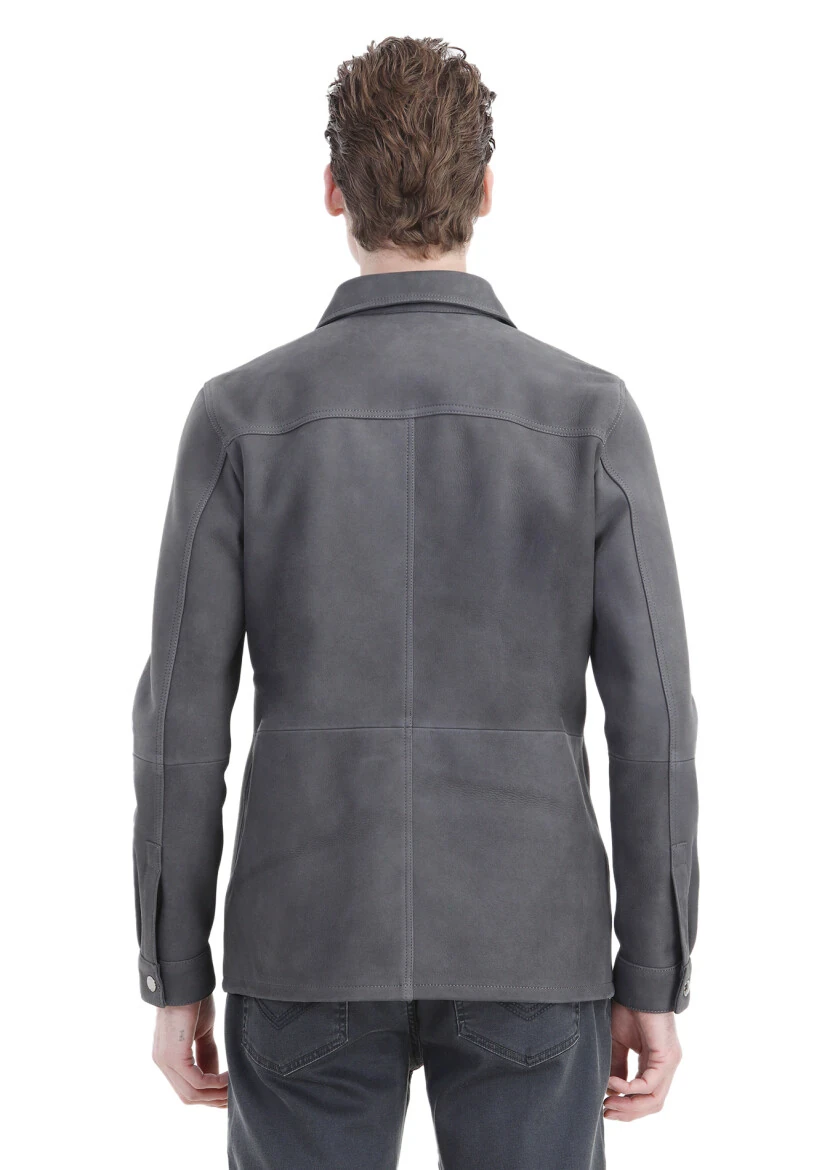 Antrasit Regular Fit Gömlek Yaka Casual Süet Deri Mont - 8