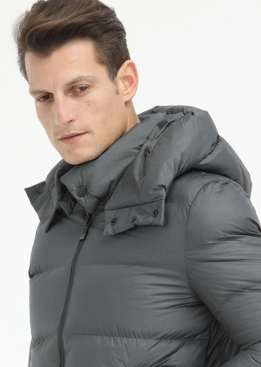 Antrasit Regular Fit Kapüşonlu Casual Dokuma Mont - 3