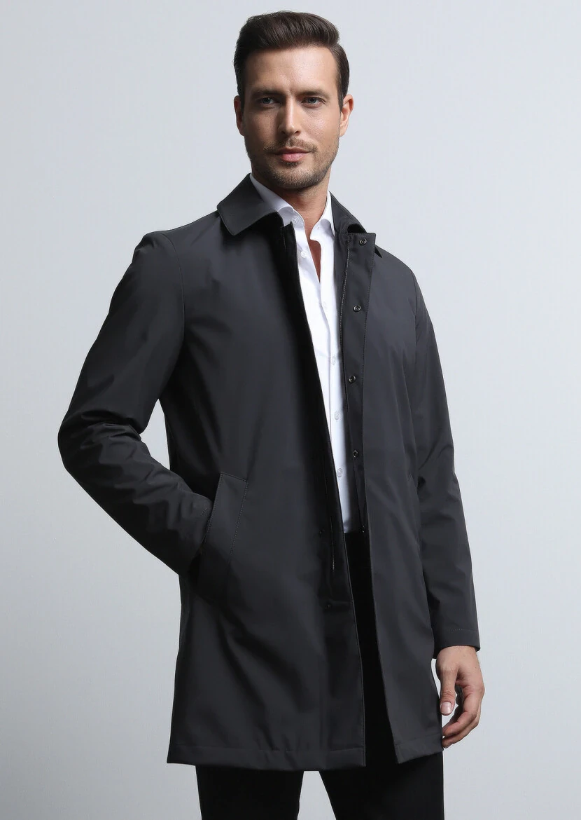 Antrasit Regular Fit Kelebek Yaka Casual Dokuma Pardesü - 1