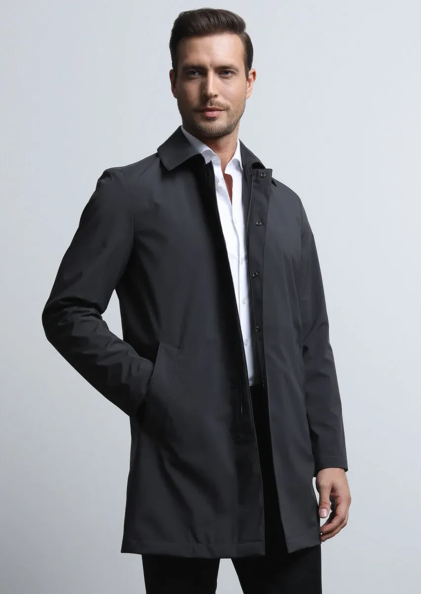 Antrasit Regular Fit Kelebek Yaka Casual Dokuma Pardesü - 1