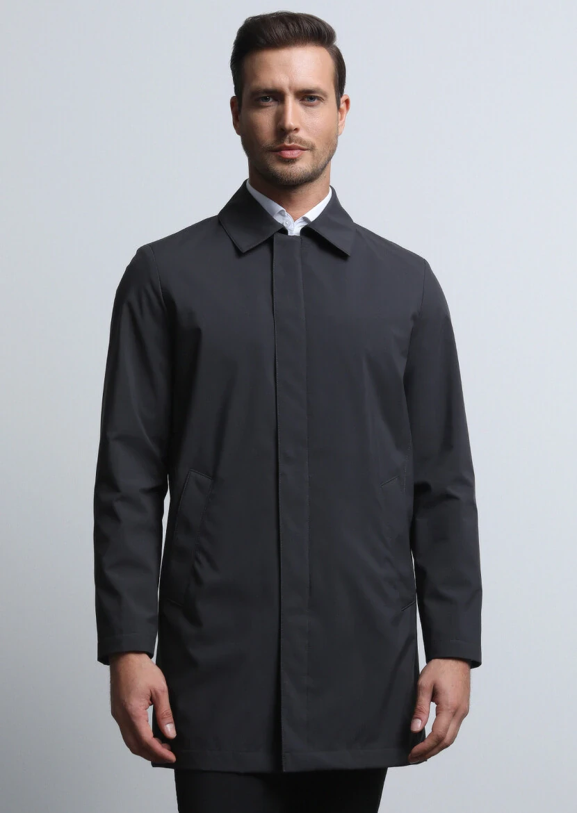 Antrasit Regular Fit Kelebek Yaka Casual Dokuma Pardesü - 2