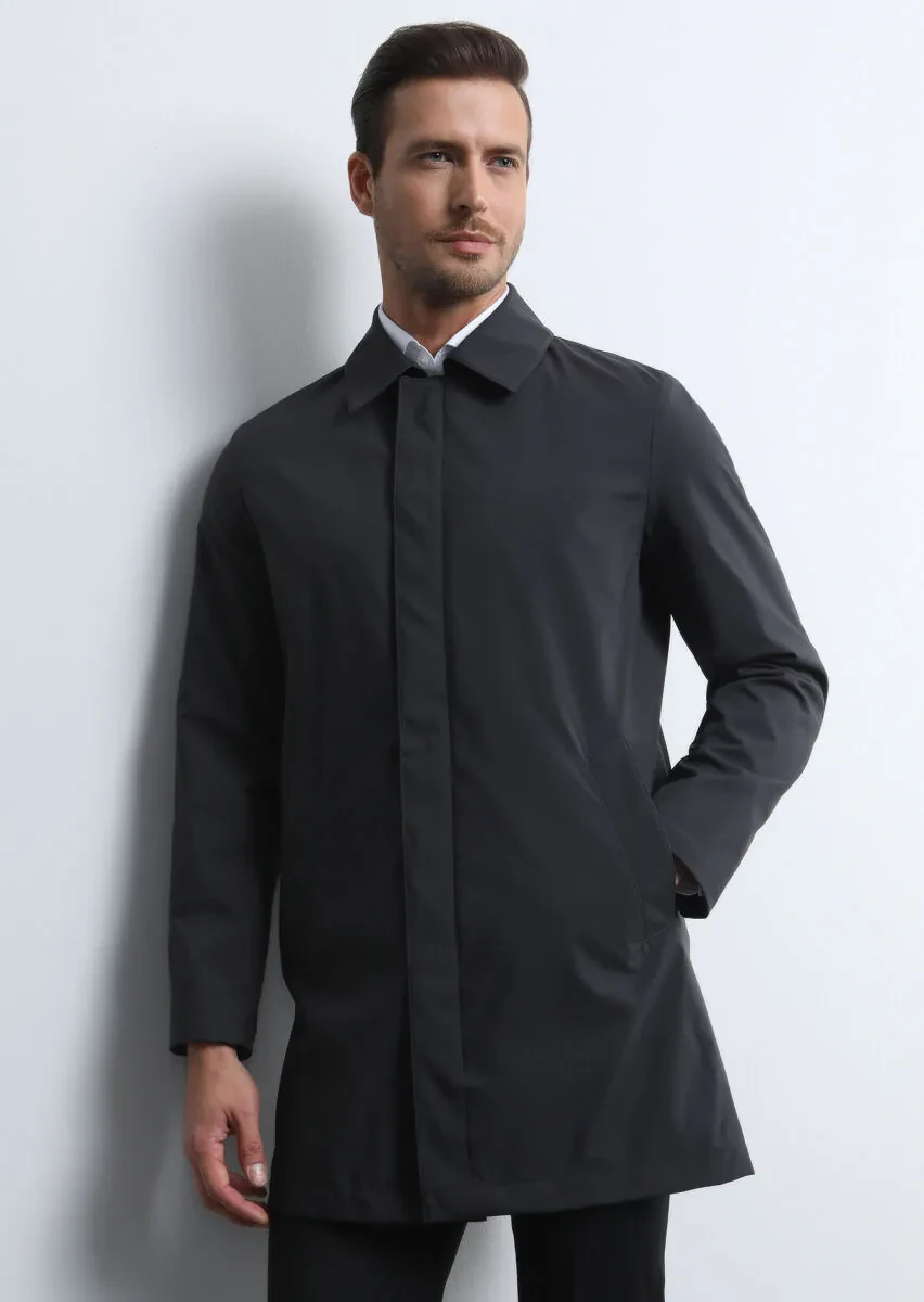 Antrasit Regular Fit Kelebek Yaka Casual Dokuma Pardesü - 3