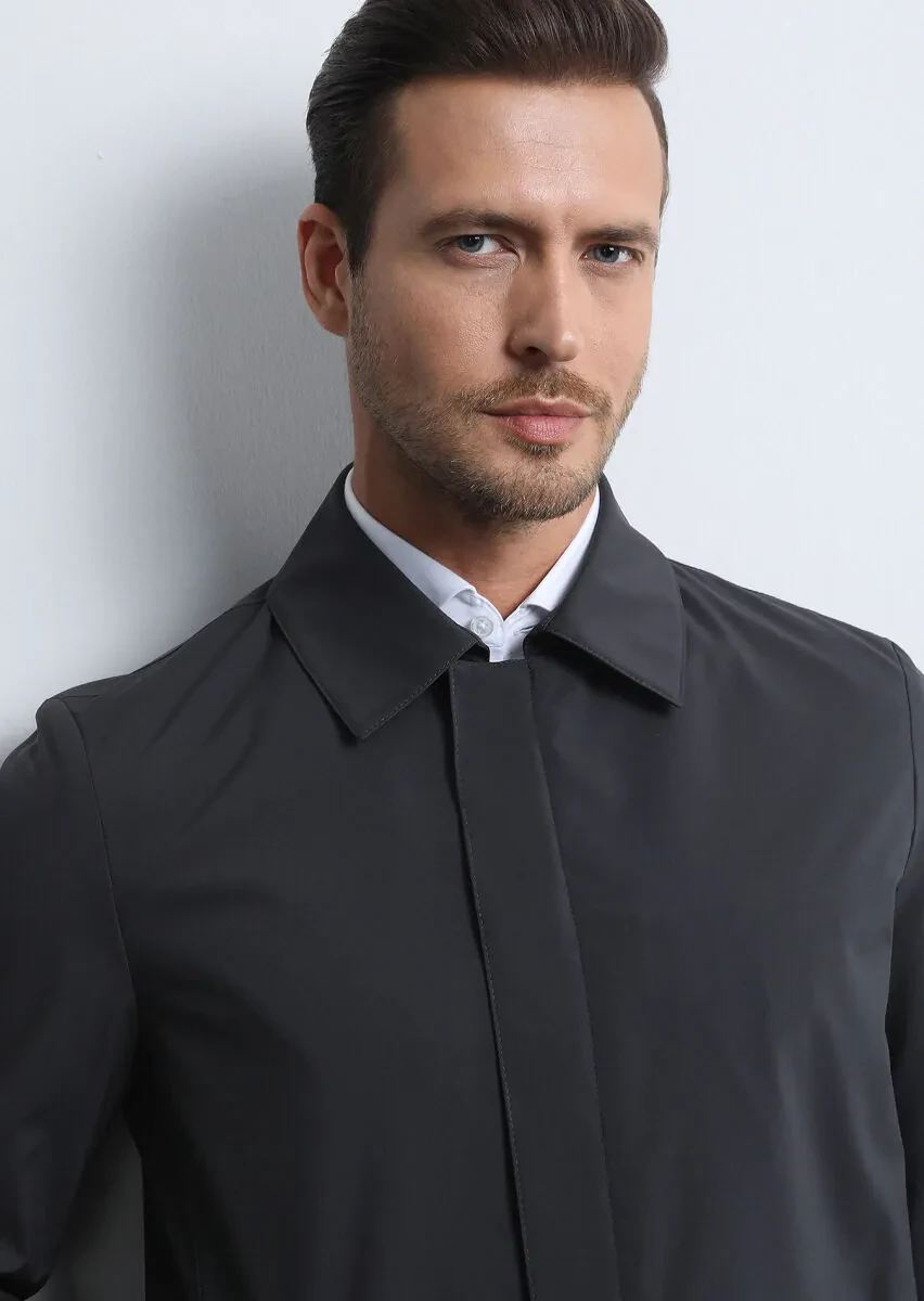 Antrasit Regular Fit Kelebek Yaka Casual Dokuma Pardesü - 4