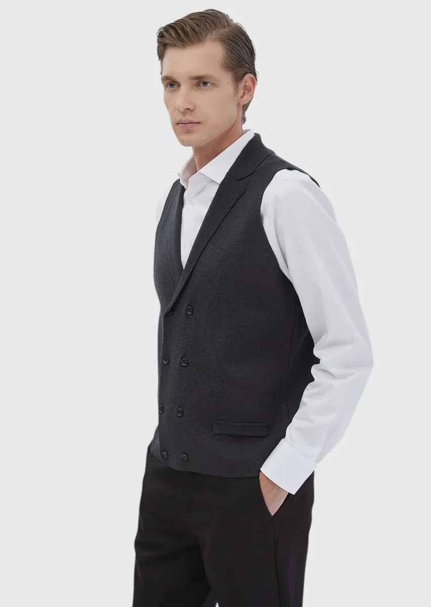 Antrasit Regular Fit Kelebek Yaka Casual Örme Triko Yelek - 3