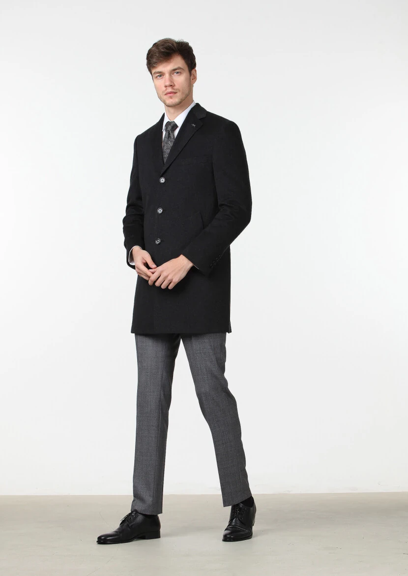 Antrasit Regular Fit Kelebek Yaka Klasik Dokuma Palto - 2