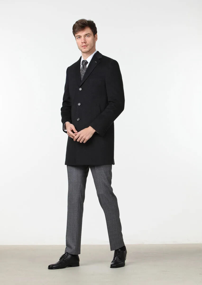 Antrasit Regular Fit Kelebek Yaka Klasik Dokuma Palto - 2