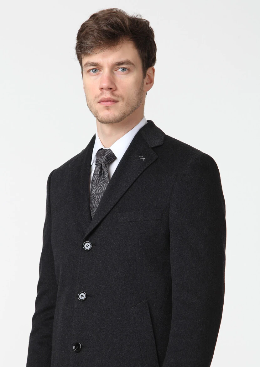 Antrasit Regular Fit Kelebek Yaka Klasik Dokuma Palto - 3