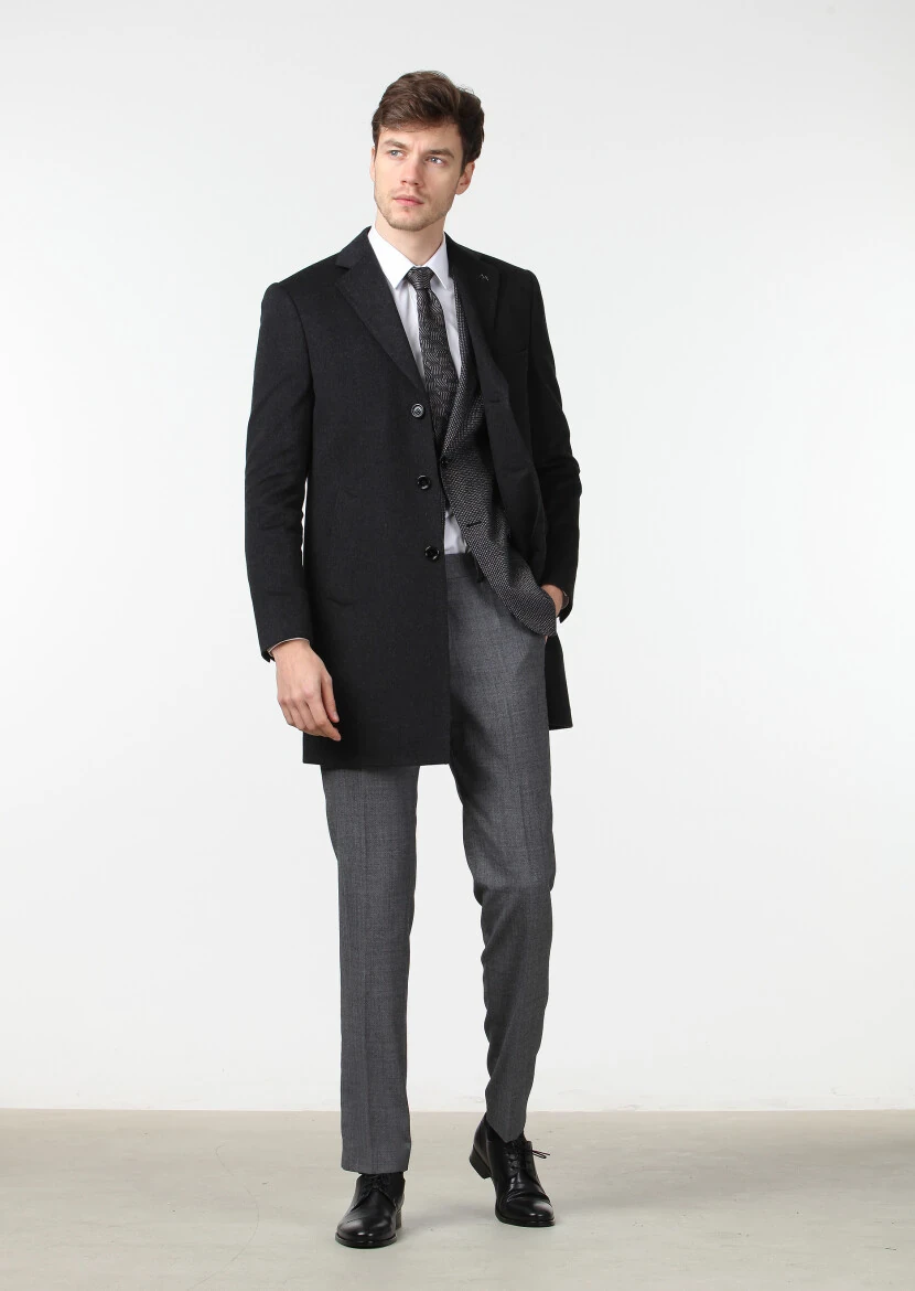 Antrasit Regular Fit Kelebek Yaka Klasik Dokuma Palto - 4