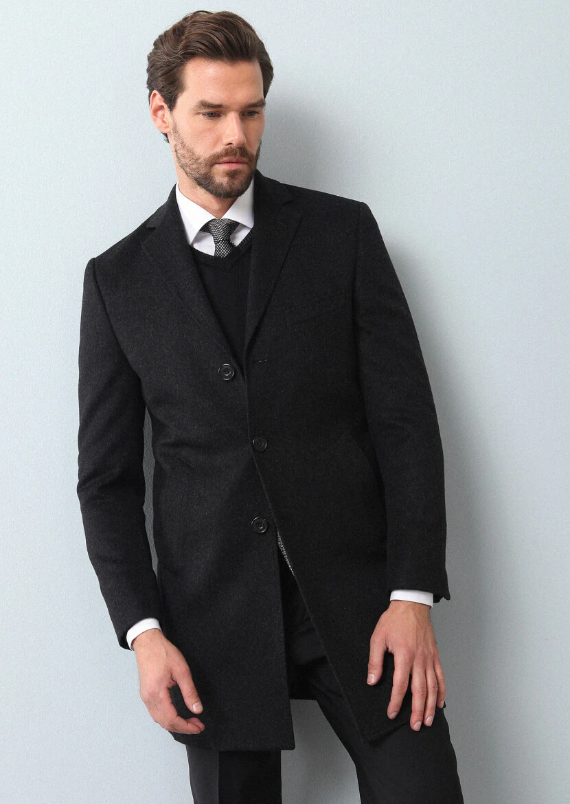 Antrasit Regular Fit Kelebek Yaka Klasik Dokuma Palto 