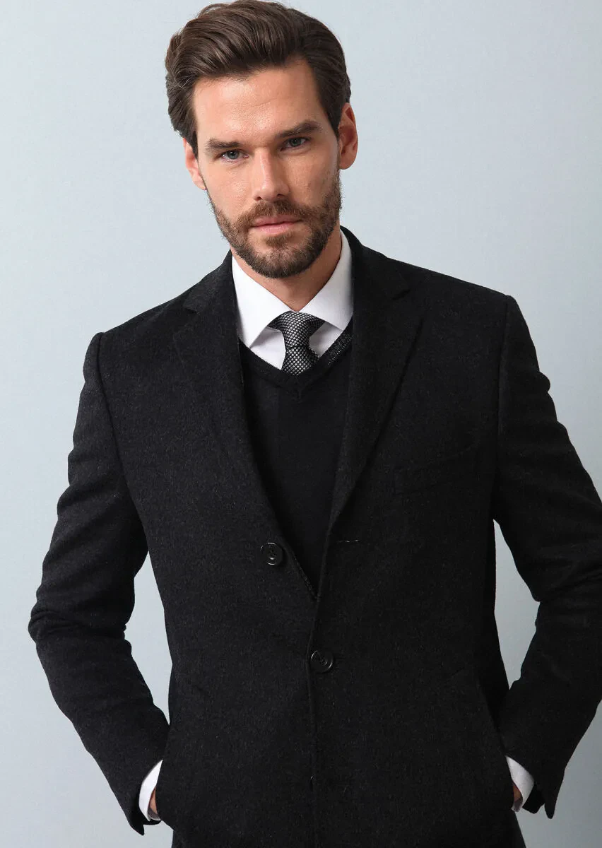 Antrasit Regular Fit Kelebek Yaka Klasik Dokuma Palto - 4