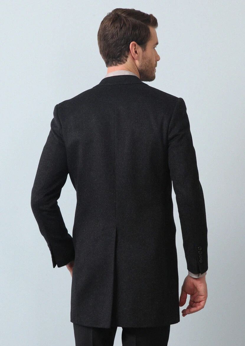 Antrasit Regular Fit Kelebek Yaka Klasik Dokuma Palto - 5