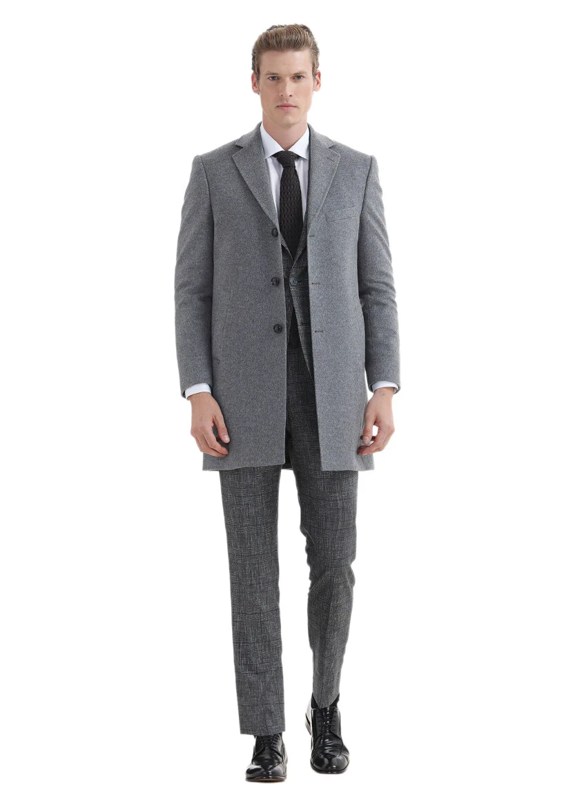 Antrasit Regular Fit Kelebek Yaka Klasik Dokuma Palto - 1