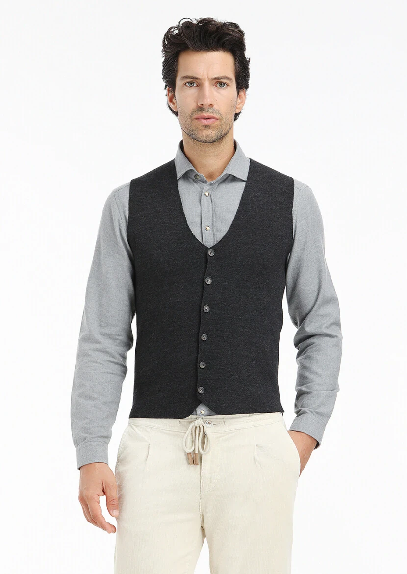 Antrasit Regular Fit V Yaka Casual Örme Triko Yelek - 1