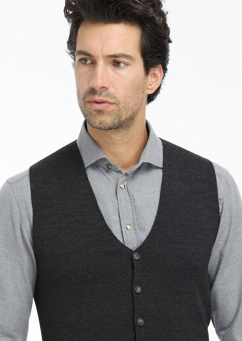 Antrasit Regular Fit V Yaka Casual Örme Triko Yelek - 3