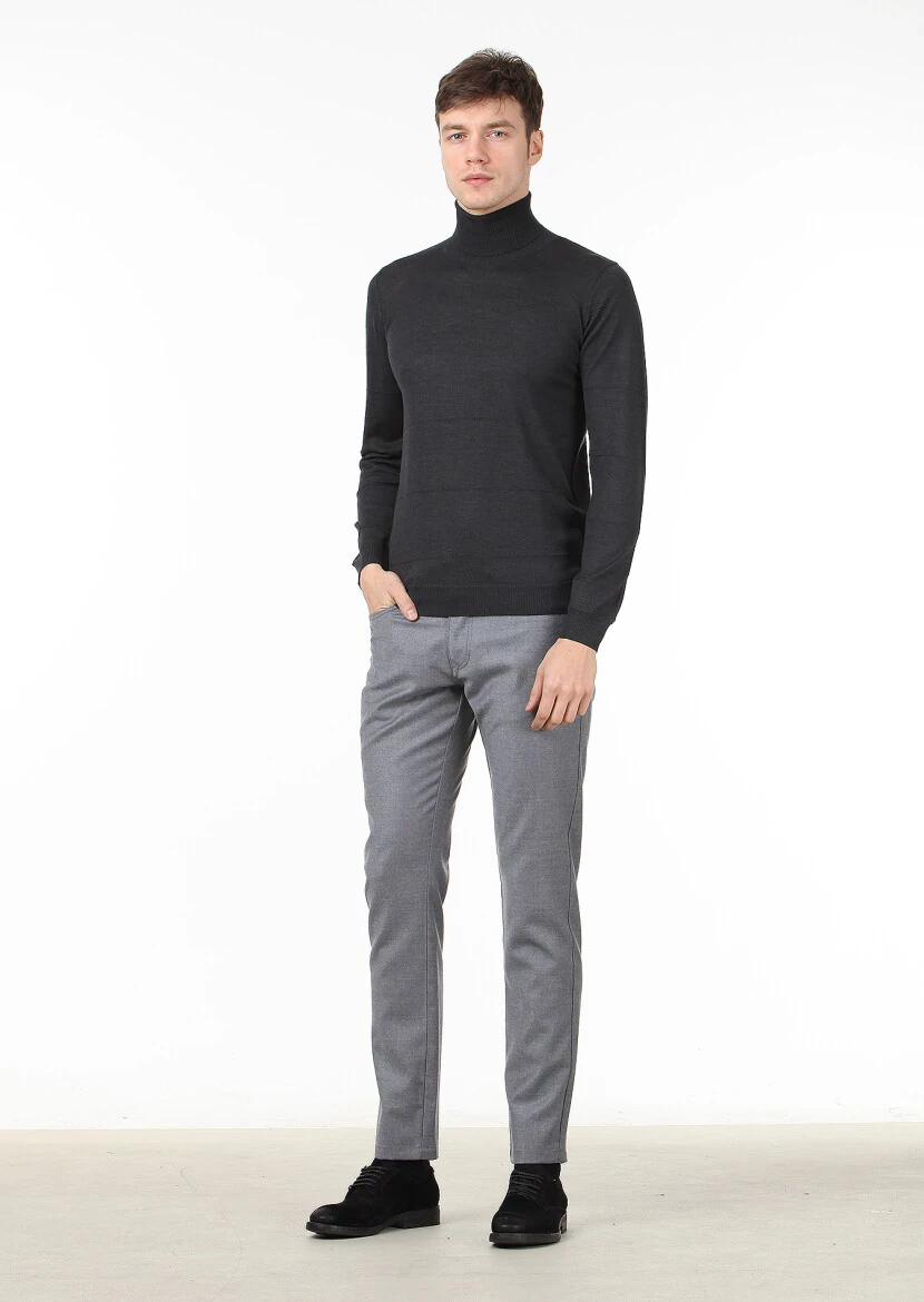 Antrasit Tam Balıkçı Yaka Düz Örgü Yün Karışımlı Triko Kazak - 3
