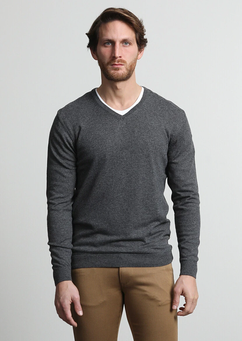 Antrasit V Yaka Düz Örgü İpek Karışımlı Triko Kazak - 1