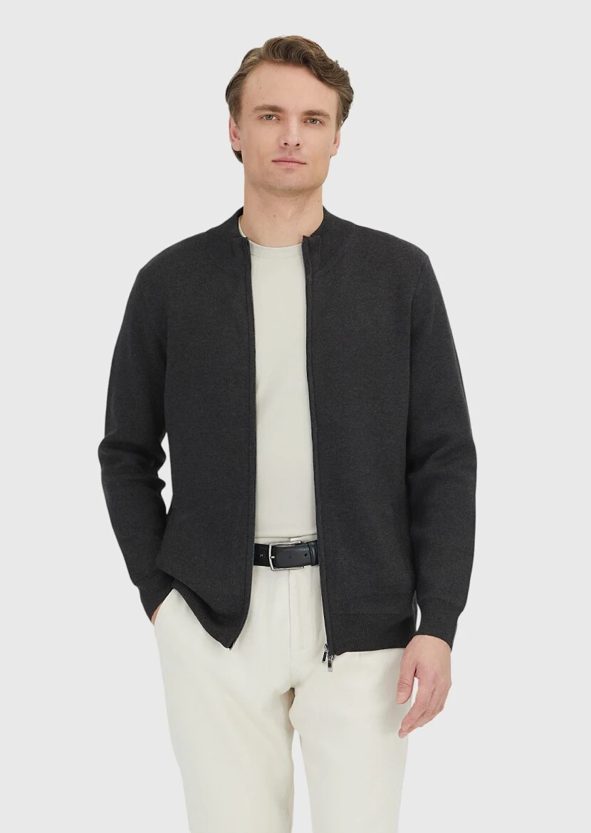 Antrasit Yarım Balıkçı Yaka Düz Örgü Pamuk Karışımlı Hırka - RAMSEY