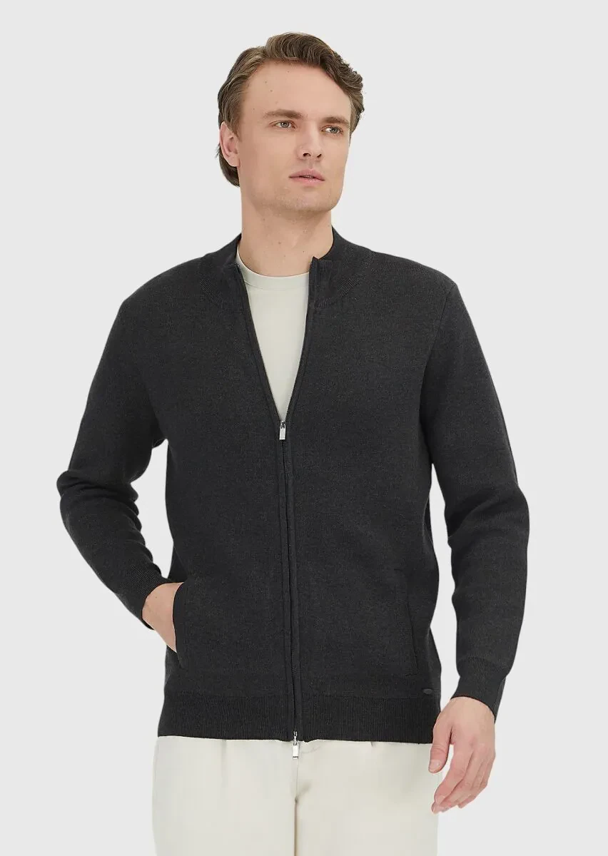 Antrasit Yarım Balıkçı Yaka Düz Örgü Pamuk Karışımlı Hırka - 4