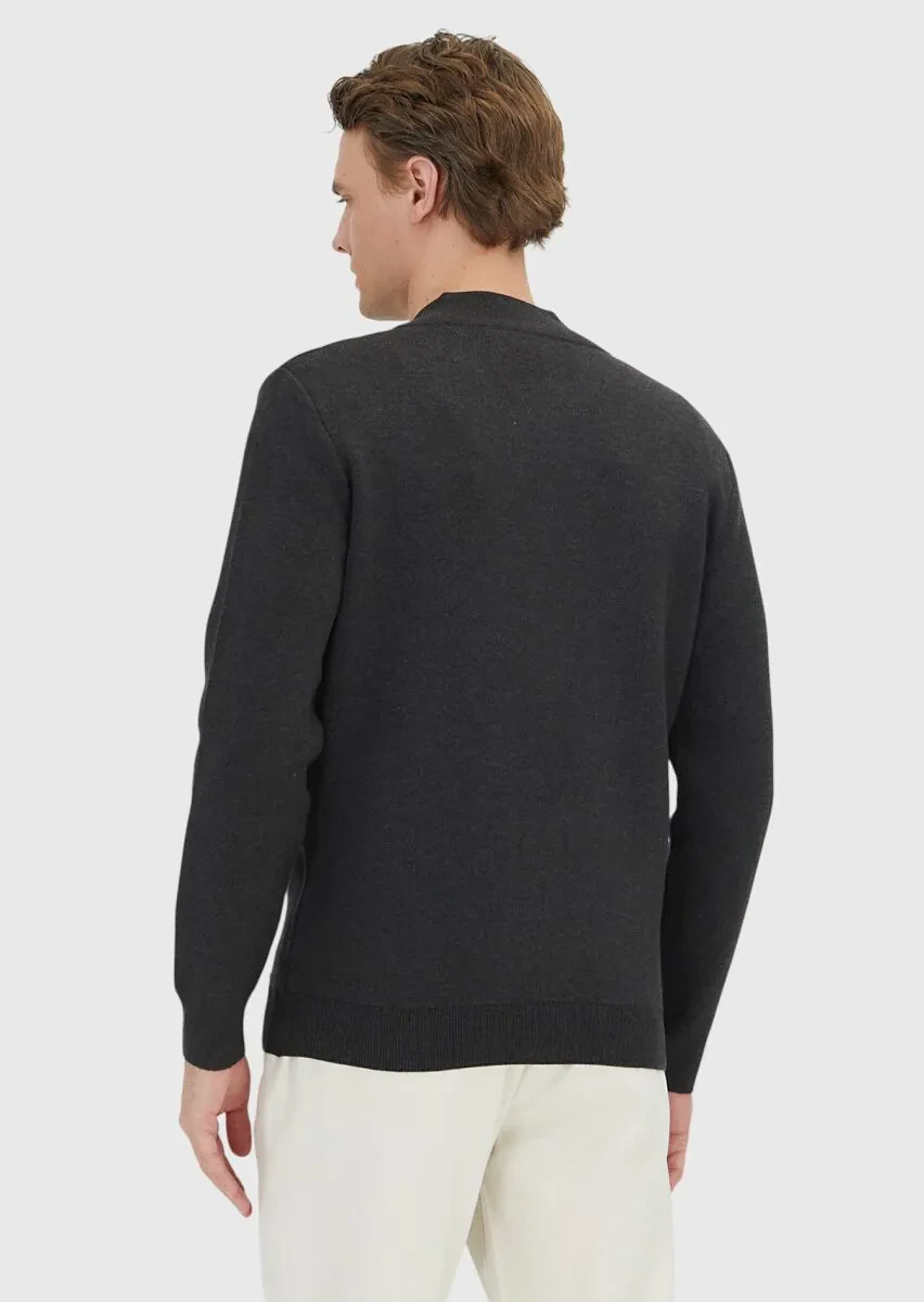 Antrasit Yarım Balıkçı Yaka Düz Örgü Pamuk Karışımlı Hırka - 7